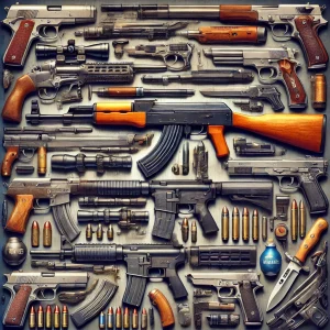 A comprehensive image featuring all the iconic weapons from Counter-Strike 1.6, including pistols, rifles, submachine guns, sniper rifles, shotguns, grenades, and a knife.