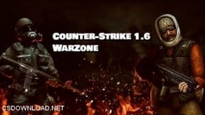 Counter-Strike 1.6 WarZone cover art showing a SWAT unit and a Terrorist in a fiery battle scene.