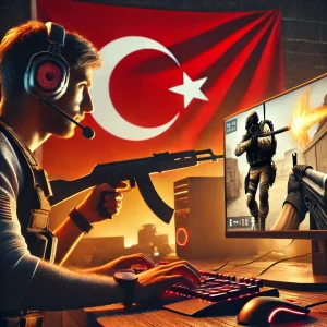Counter-Strike 1.6 oyuncusu, Türk bayrağı fonunda taktiksel oyun oynuyor