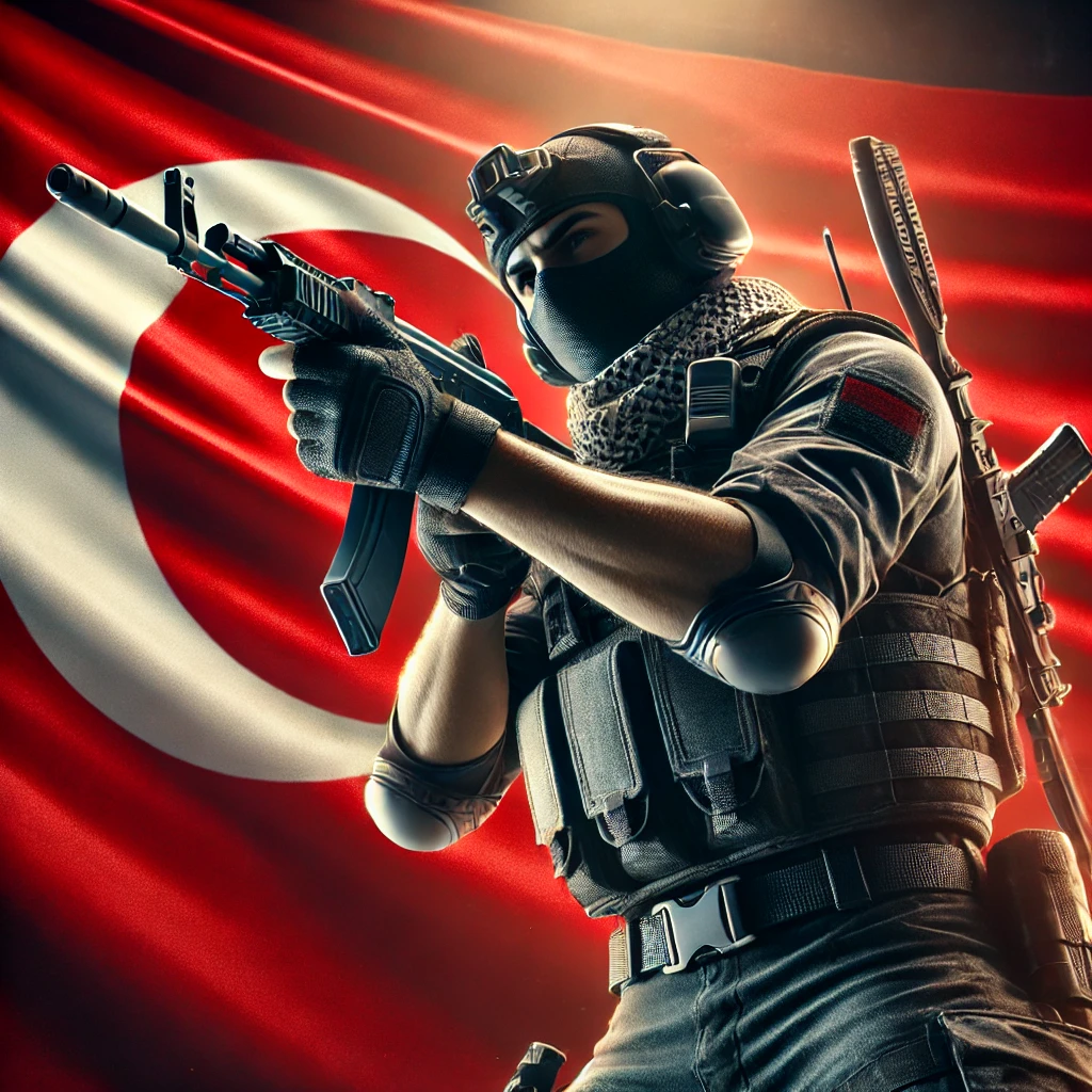 Counter-Strike 1.6 oyuncusu, Türk bayrağının önünde, oyun alanında aksiyon içinde.