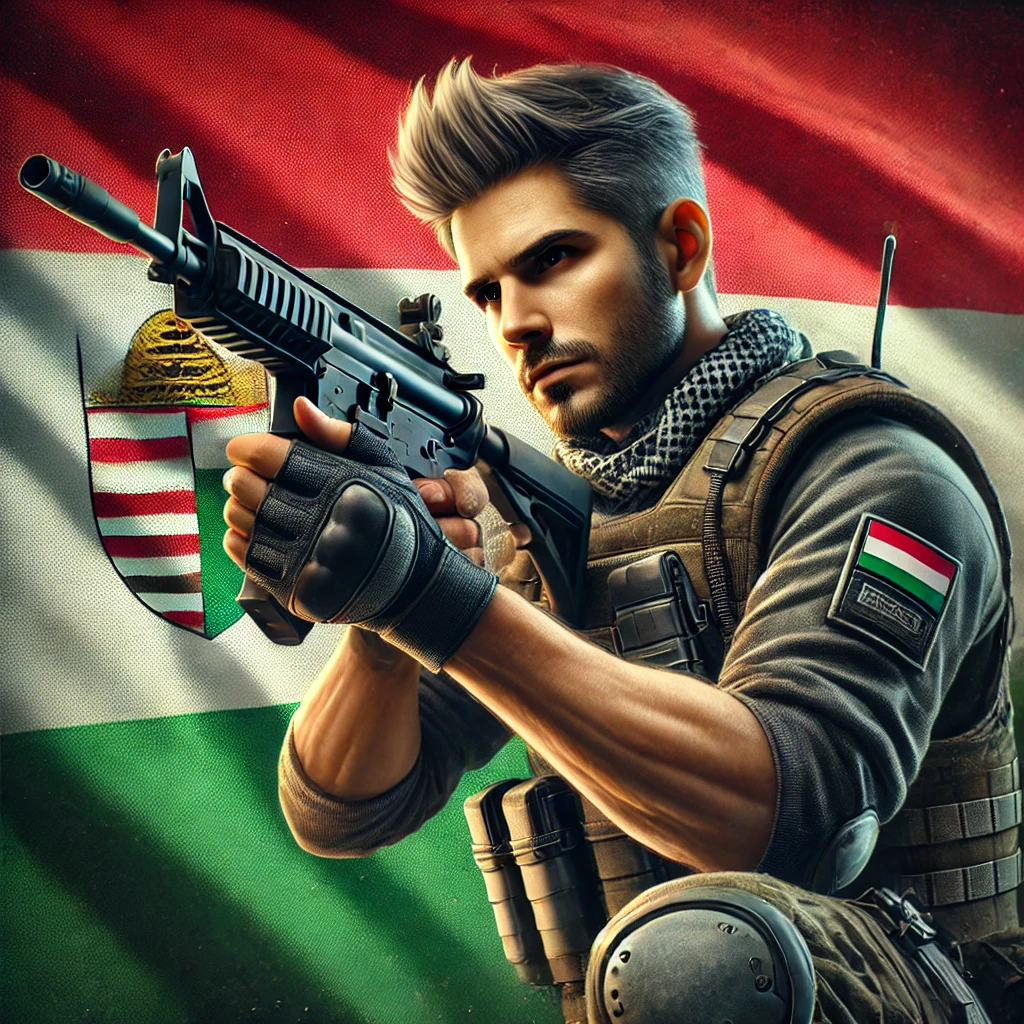 Counter-Strike 1.6 játékos céloz egy fegyverrel, háttérben a magyar zászló.