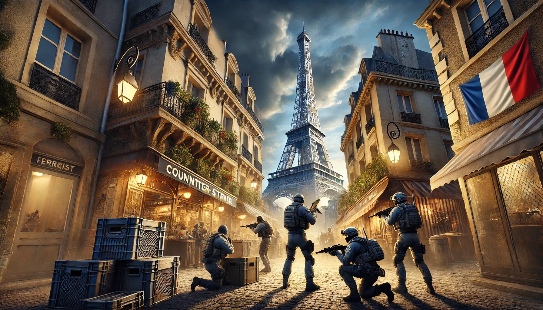 Scène promotionnelle de Counter-Strike 1.6 en France, présentant des équipes tactiques dans une carte inspirée de Paris avec la Tour Eiffel en arrière-plan, mélangeant architecture emblématique et éléments du jeu