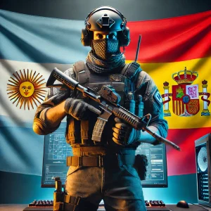 Jugador de Counter-Strike 1.6 con banderas de Argentina y España en un entorno de juego.