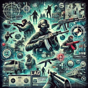 Counter-Strike 1.6 wallpaper showcasing game elements like weapons, characters, and digital icons, with a dark, tactical atmosphere and subtle references to common in-game issues.