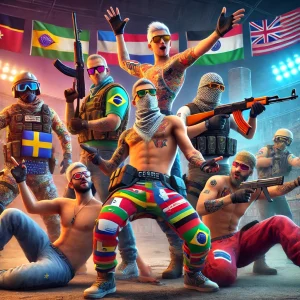 A vibrant and fun scene from Counter-Strike 1.6 on the Dust2 map. Player models from various countries, each with their national flag visible, engage in playful and dynamic actions.