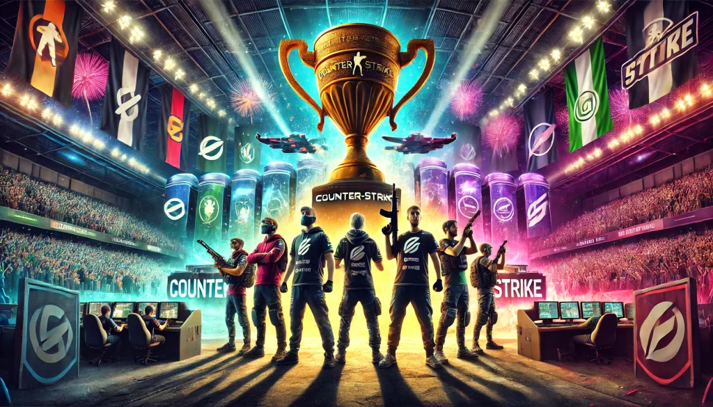 An illustration of iconic Counter-Strike teams with logos, players, and a cheering esports arena. Teams like Astralis, Natus Vincere, FaZe Clan, and G2 Esports are shown with visuals representing their success stories, surrounded by an enthusiastic crowd and banners in a dynamic, celebratory scene.