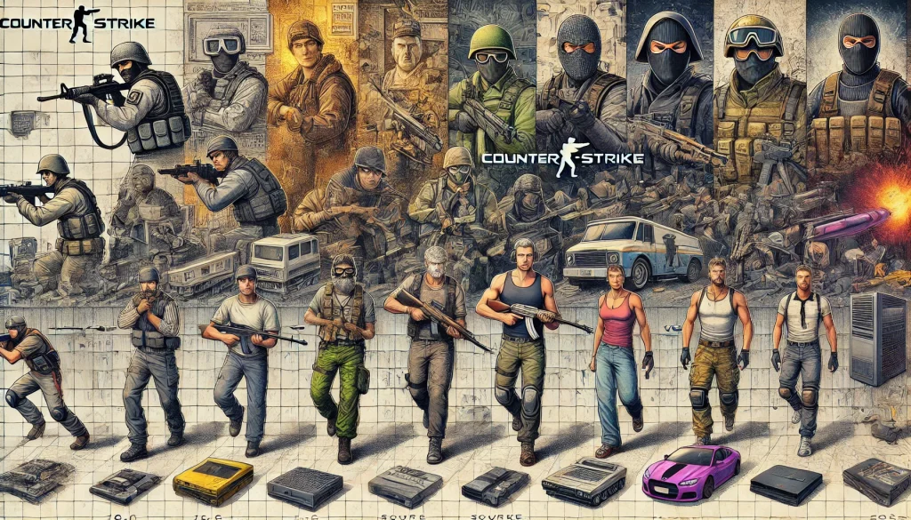 An image illustrating the evolution of Counter-Strike, featuring a timeline from version 1.6 to Global Offensive. It includes iconic characters, weapons, and changes in graphics, showcasing advancements in visuals and gameplay mechanics against a nostalgic gaming backdrop.