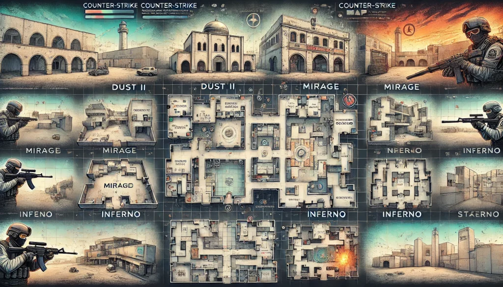 A graphic of Counter-Strike's top 10 maps, featuring landmarks from maps like Dust II, Mirage, and Inferno. Each map has labeled strategic points, such as sniper spots and choke points, against a tactical background with map selection and strategy icons.