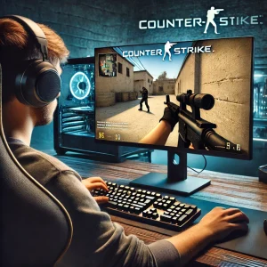 A player immersed in Counter-Strike 1.6 on PC, with intense multiplayer action on screen and gaming equipment in the background