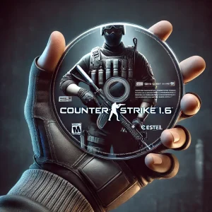 A modern reimagining of the classic Counter-Strike 1.6 game disc, held by a character model's hand in tactical gloves, ready for download.