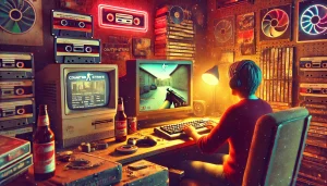 Boy playing Counter-Strike 1.6 at a computer with cozy atmosphere and red lighting.