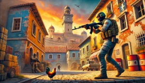 A vivid Counter-Strike 1.6 wallpaper showcasing a tactical player in action on the classic Inferno map, with cobblestone streets, rustic buildings, and chickens roaming nearby.