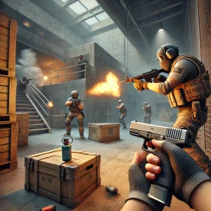 A strategic moment in Counter-Strike 1.6, with a player using a flashbang and smoke grenade while preparing to engage enemies on the de_dust2 map, showcasing teamwork and positioning.