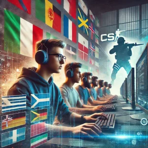 A dynamic, modern scene with gamers from around the world playing Counter-Strike 1.6. National flags are visible in the background, and players focus on their screens, creating an intense esports atmosphere.