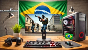 Jogadores brasileiros jogando Counter-Strike 1.6 em um PC, com a bandeira do Brasil ao fundo e o mapa Dust 2 na tela.