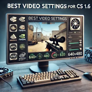 A retro gaming monitor displaying optimized Counter-Strike 1.6 gameplay at 640x480 resolution with NVIDIA, AMD Radeon, and Intel GPU logos, symbolizing improved performance settings.