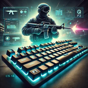 Promotional image of a CS 1.6 Multi-Bind Key Generator Tool featuring a modern keyboard with glowing highlighted keys and a Counter-Strike player holding a weapon in a dynamic gaming environment.