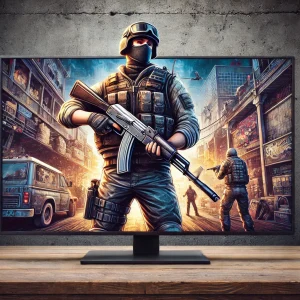 Player holding a weapon in a tactical outfit, with an intense in-game map background representing the classic Counter-Strike 1.6 gameplay.