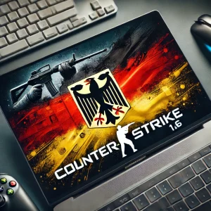 Deutsche Flagge mit dem Counter-Strike 1.6 Logo im dynamischen Gaming-Stil für den Download