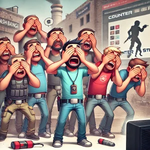 A Counter-Strike 1.6 player accidentally throws a flashbang, blinding their whole team. The teammates are reacting in frustration and covering their eyes. The scene is humorous and exaggerated.