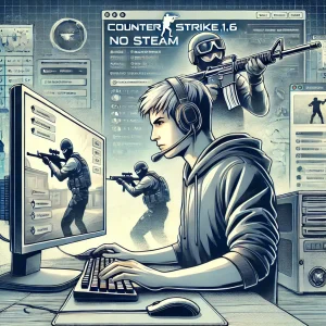 Un gamer concentrado jugando Counter-Strike 1.6 No Steam en una computadora, rodeado de elementos de multijugador en línea y equipo de juego.