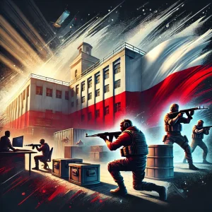 Gracze Counter-Strike 1.6 rywalizują podczas intensywnej rozgrywki na mapie, polska flaga w tle.