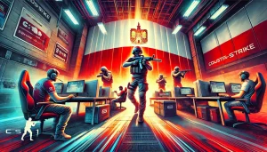 awodnicy grający w CS 1.6 na mapie cs_office z widoczną polską flagą w tle.