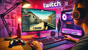 A gamer streaming Counter-Strike 1.6 on Twitch, showing a gaming setup with RGB lighting, a computer screen displaying the game, and professional streaming equipment, including a microphone and webcam.