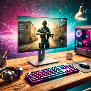 Desktop gaming setup with Counter-Strike 1.6 displayed on a computer screen, surrounded by gaming accessories.