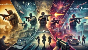 A visually stunning timeline showcasing the evolution of the Counter-Strike franchise, featuring iconic maps, weapons, and esports scenes from Counter-Strike 1.6 to Counter-Strike 2.