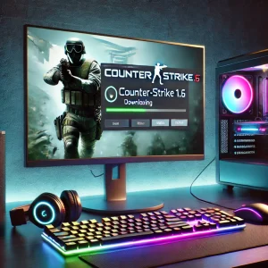 Illustration of a gaming setup featuring a computer with a Counter-Strike 1.6 download progress bar on the screen, RGB keyboard, mouse, and a headset in a softly lit room.