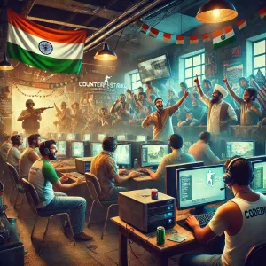 Group of gamers in India playing Counter-Strike 1.6 at a local gaming cafe with Indian flags and old-school monitors.