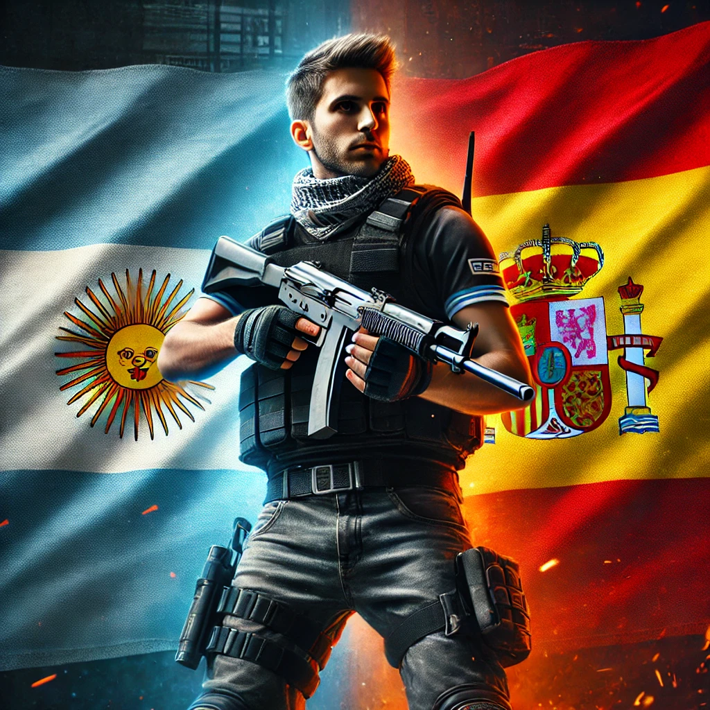 Jugador de Counter-Strike 1.6 con uniforme táctico, sosteniendo un arma, y las banderas de Argentina y España detrás de él