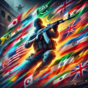 A dynamic image showing flags from multiple countries and a cs 1.6 player in action, representing the diverse global community of players.