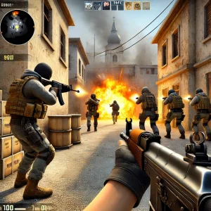 Varios jugadores en Counter-Strike 1.6 disparando entre sí en un mapa clásico lleno de acción.