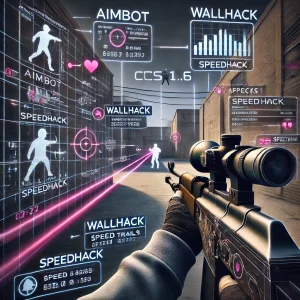 A Counter-Strike 1.6 player using cheats like aimbot, wallhack, and speedhack, with visible cheats represented as target locks and speed trails in a typical CS 1.6 map.
