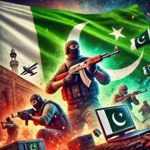 Counter-Strike 1.6 game with Pakistan flag background, showcasing vibrant online gameplay and iconic maps.