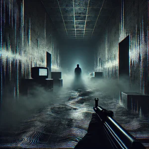 A dark and eerie Counter-Strike 1.6 scene featuring a glitched de_inferno map with distorted walls. A shadowy, faceless figure labeled "Observer" lurks in the distance, while a ghostly gunshot soundwave echoes through the air.