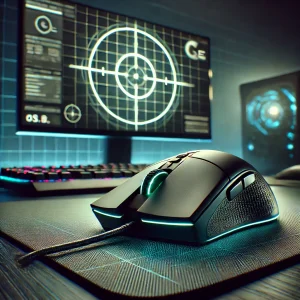 A high-tech gaming mouse on a professional gaming setup, optimized for CS 1.6.