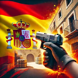 Imagen de Counter-Strike 1.6 con la bandera de España, mostrando el mapa Dust2 con acción intensa de juego.
