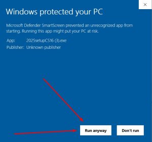 Second Windows Defender SmartScreen warning with "Run anyway" and "Don't run" options.