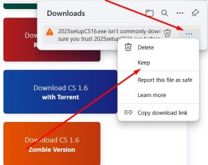 Expanded warning window with "Report this app as unsafe," "Learn more" buttons, and an arrow pointing to the "Keep" option in a menu.
