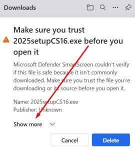 Dark blue dialog box "Make sure you trust 2025setupCS16.exe before you open it" with a message about "Microsoft Defender SmartScreen" and buttons "Show more", "Cancel", and "Delete".