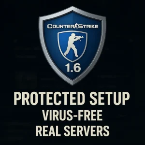 Counter-Strike 1.6 logo with text "Protected Setup Virus-Free Real Servers.