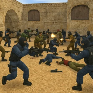 Retro-style Counter-Strike 1.6 scene showing a low-polygon firefight between Counter-Terrorists and Terrorists on a desert map.