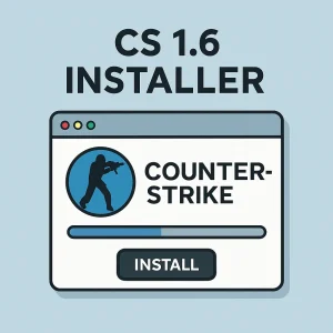 CS 1.6 Installer window showing the Counter-Strike logo and an install progress bar.
