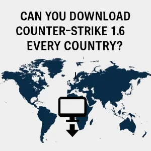 Digital illustration of Counter-Strike 1.6 global download concept showing a world map with connected nodes and gaming icons