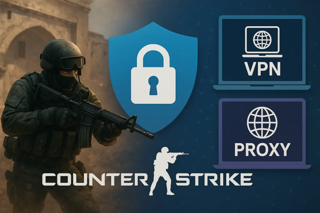 A Counter-Strike player in tactical gear holding a rifle, with a security shield icon, "VPN" laptop icon, and "Proxy" laptop icon on the right, suggesting online gaming security.