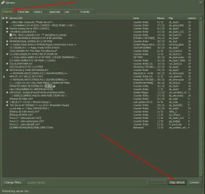 Counter-Strike 1.6 in-game console showing the "Find Servers" tab with a list of available multiplayer servers.
