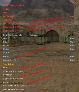 Counter-Strike 1.6 server filled with players using similar usernames, demonstrating the effectiveness of a cs 1.6 boost player service. Red arrows indicate their active presence in the game.